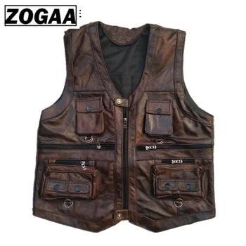 

ZOGAA Vest Mens Leather Waistcoat Real Leather Motorcycle Vest With Many Pockets Photography Vest Sleeveless Jacket