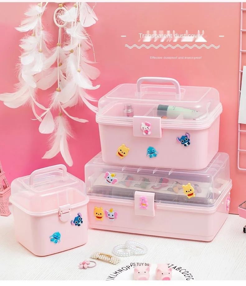 Pink Plastic Storage Box with Handle Kids Hair Jewelry Multipurpose  Organizer 