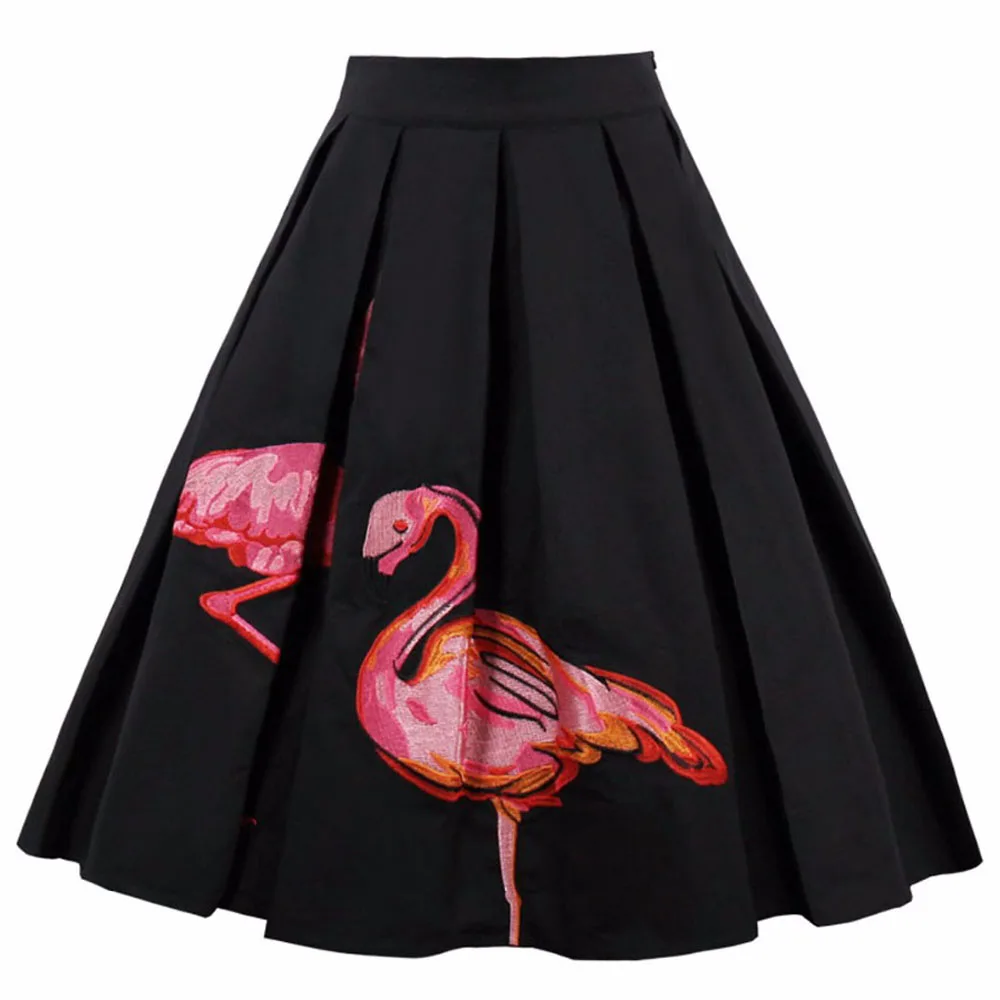 Летняя юбка миди, 2018, черная, с принтом фламинго, с вышивкой, высокая талия, Faldas 50 s, рокабилли, Ретро стиль, вечерние, Jupe, винтажная юбка для