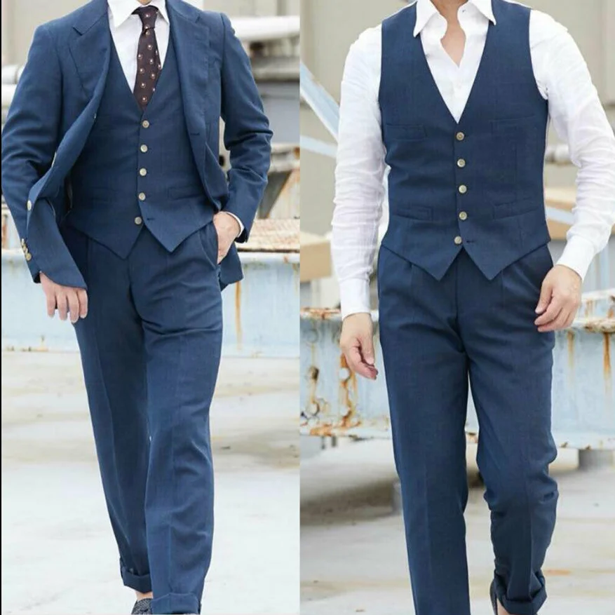 

Navy Blue Linen+Cotton Suits Mens 3 Pieces Blazer VestPants Notch Lapel Two Button Formal Office Tuxedos Cuff Pant Tailored Fit