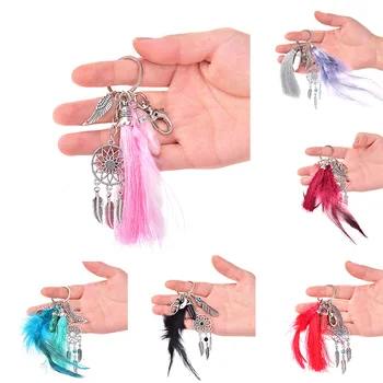 

Women Handmade Natural Stone Keychain Dream Catcher Keyring Tassels Feather Keychain Silver Boho Jewelry Keychain Gift