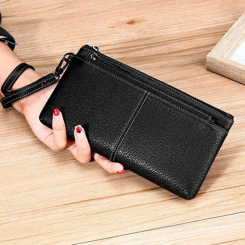 

Pink Long Style Wallet Women Purse Cowhide Real Leather Lady Wrist Handbag