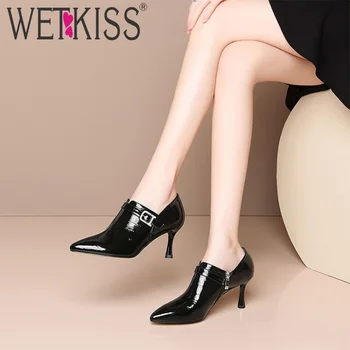 

WETKIS Stiletto High Heels pumps Women Pointed Toe Patent Leather Pumps Ladies Shoes Zip Crystal Pumps Big Size