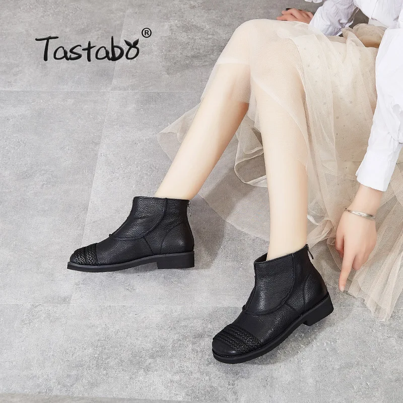 Tastabo Genuine Leather ladies ankle boots Hand-knit style Women's boots Brown Black SH708 Low heel Soft Women's shoes Casual