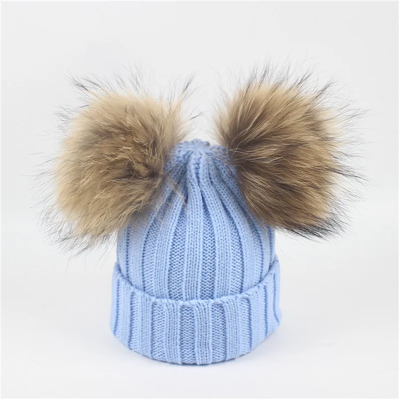 blue Зимняя шапка для маленьких девочек и мальчиков, теплый Gorros, помпон с искуственным мехом, детские вязаные шапочки, шапочки - Цвет: blue