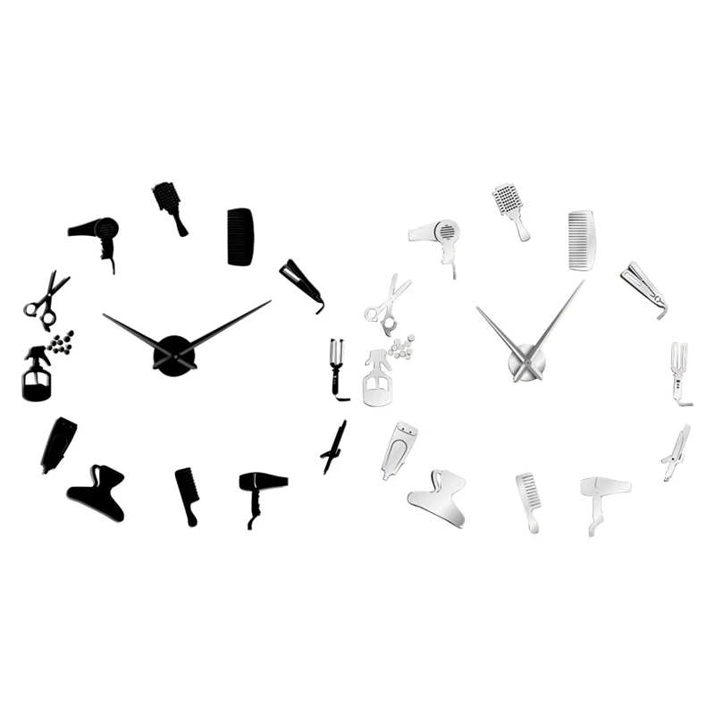 2 Pcs Diy Barber Shop Giant Wall Clock with Mirror Effect Toolkits Decorative Frameless Watch Hairdresser Wa | Дом и сад