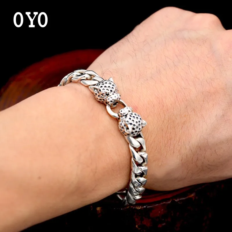 S925 стерлингового серебра ювелирные изделия Мужская мода личности Ретро тайский серебряный двойной браслет с головой леопарда