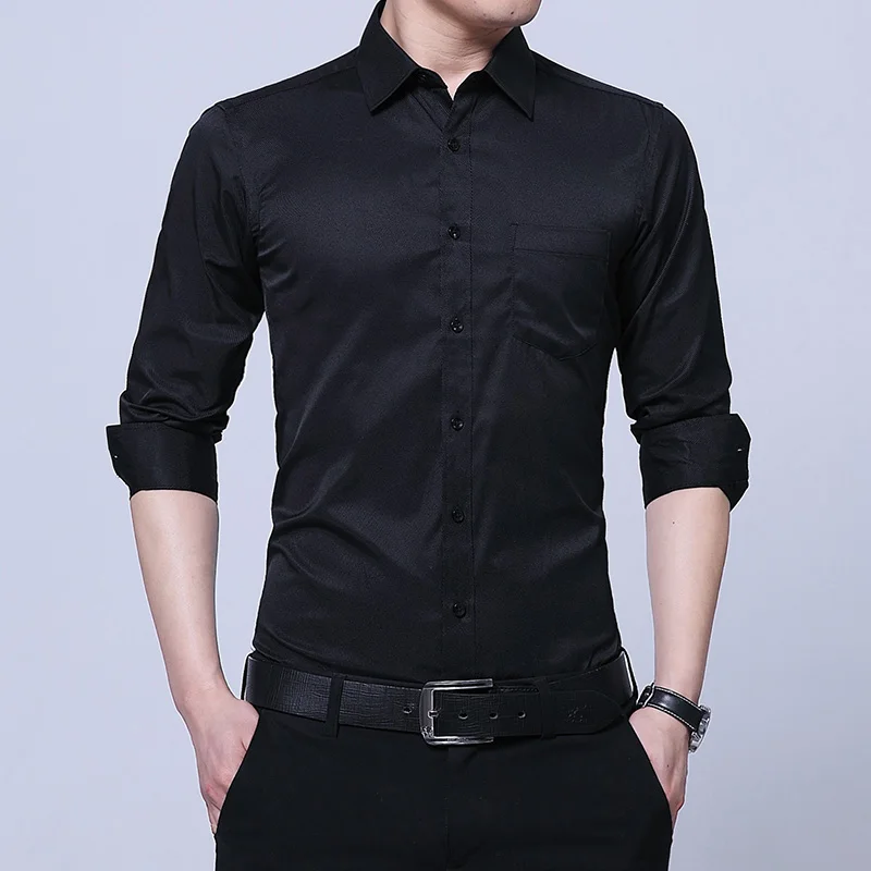 Мужская рубашка с длинным рукавом, белая, облегающая, офисная, с отложным воротником, деловая, официальная, не выцветает, модный дизайн - Цвет: Черный