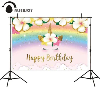 

Allenjoy Baptism Flowers Background Happy Birthday Golden Dots Unicorn Rainbow Backdrop Child Newborn Wall Decoration Banner
