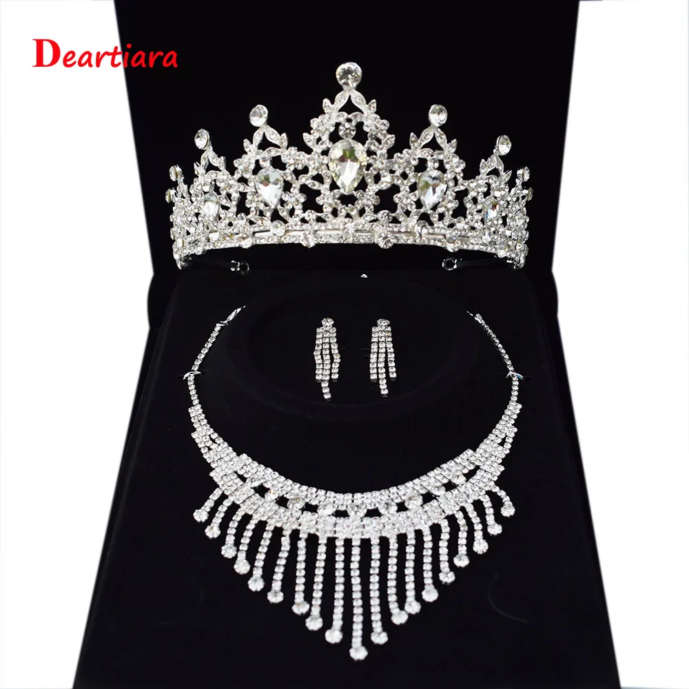 

3Pcs/Set Jewelry Sets Tassel Water Flow Necklace Wedding Crown Indian African Necklace Earrings Kit jewerly Sets for Women