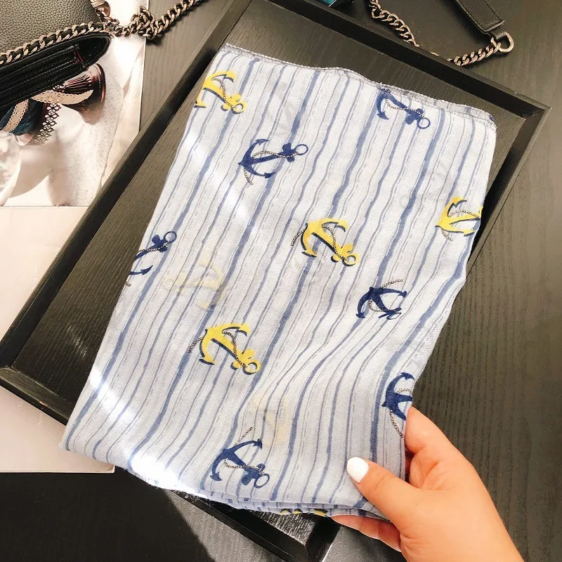 

Women Anchor Print Scarf Sun Protected Cape Shawls Fashion Summer Foil Oil Printed Scarves Girls Soft Chain Striped Scarf