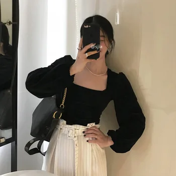 

2020 Spring Autumn Fashion Vintage Square Collar Sweater Women Puff Long Sleeve Pullovers Korean Basic Slim Fit Top Jumpers