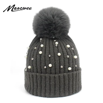 

Women Hat Beanie Cap Wool Knitted With False Fur Faux Fur Pompon Beanies Hats Solid Warm Female Girl Skullies Bones Outdoor