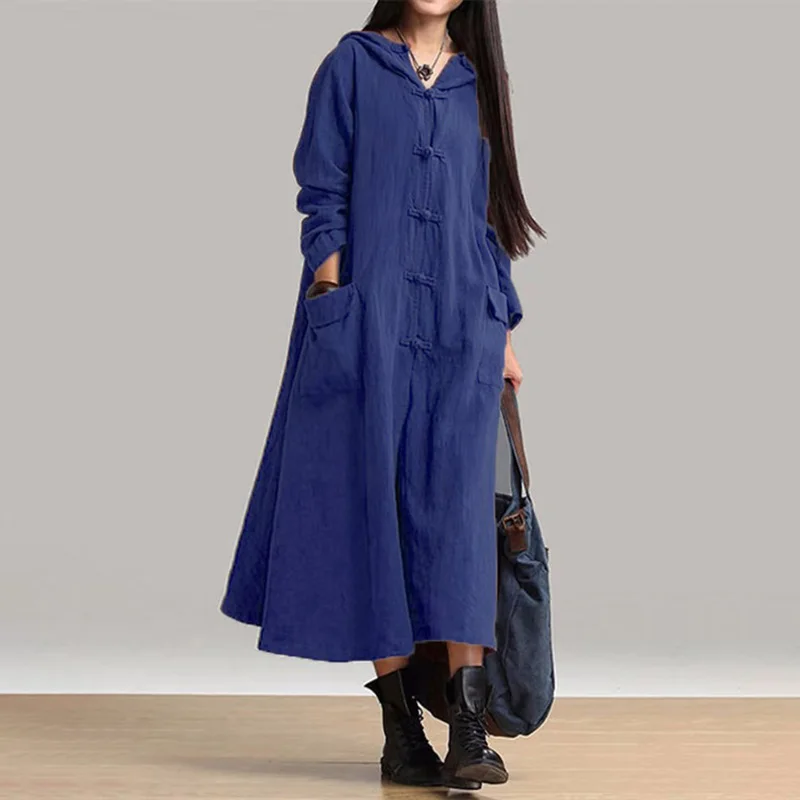 

Women Coat Vintage Hooded Jackets Autumn Casual Long Coats Pockets Female Maxi Outerwear