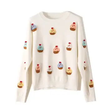 

Women Sweater 2019 Autumn winter Season Three-dimensional Hand Draw Cake Round Neck Pullover Woman Long Sleeve Sweater p374
