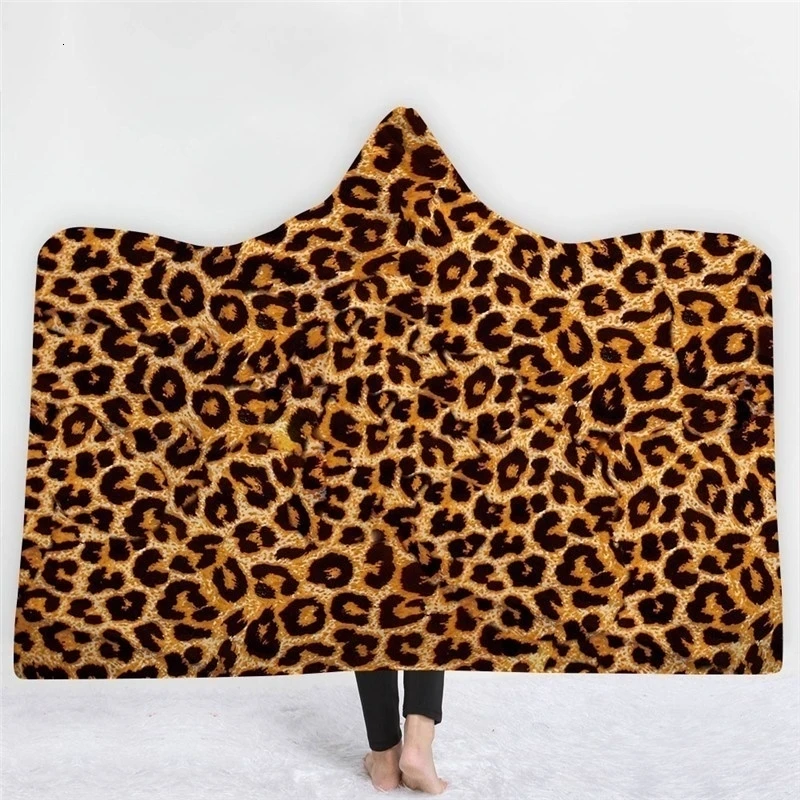 Одеяло с капюшоном для взрослых и детей, теплое переносное флисовое плюшевое одеяло с леопардовым принтом, забавное одеяло с капюшоном для гостиной