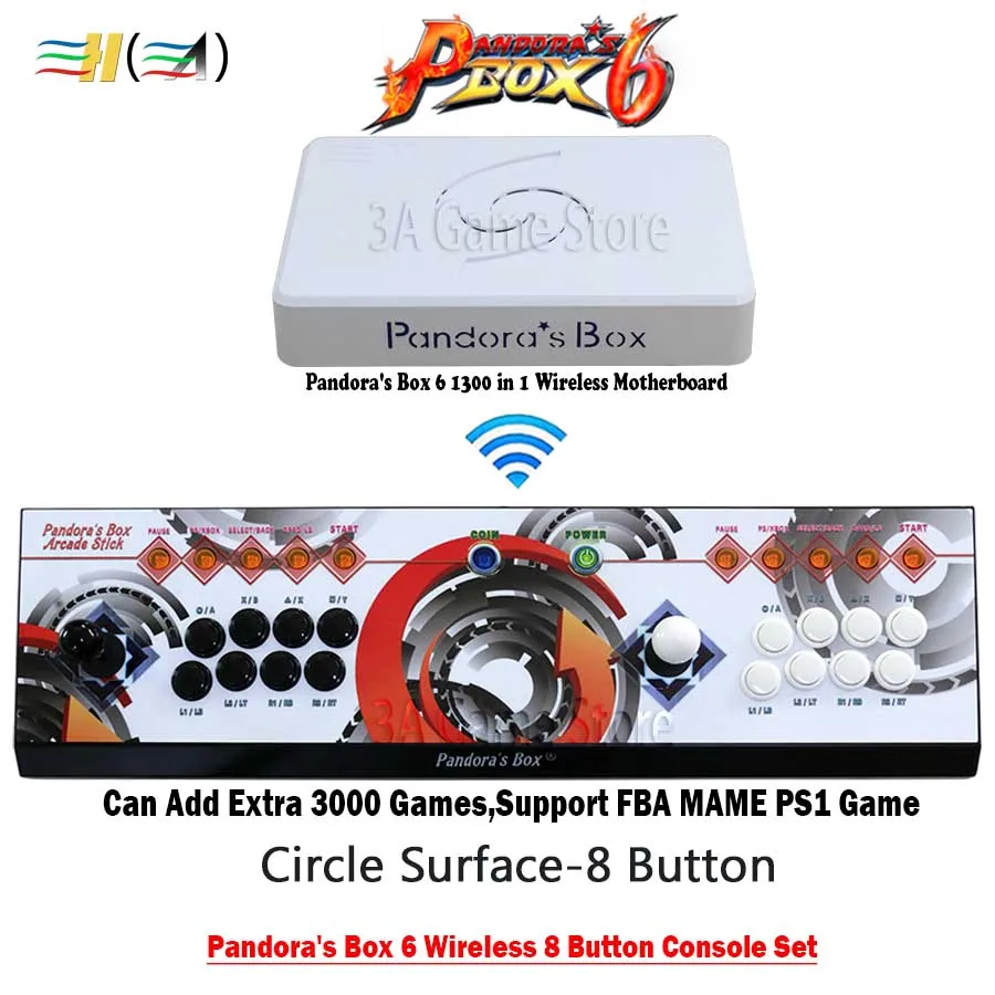 Оригинальный Pandora box 6 1300 в 1 8 Кнопка беспроводной Аркада консоли контроллера 2 игроков может добавить 3000 Игры Поддержка fba mame ps1