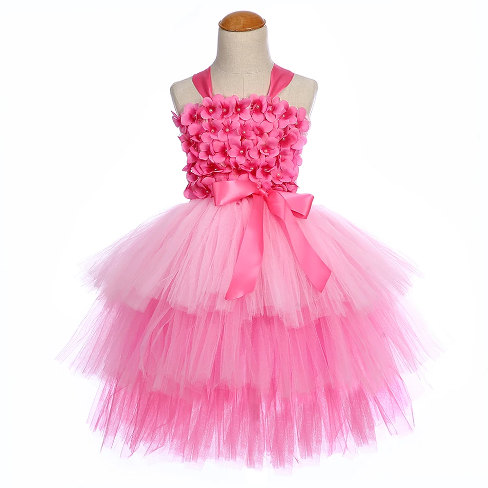 Ярко-розового цвета, украшенное цветами и бусинами новая Летние платья принцессы для девочек платье для дня рождения Детские платья с большими лента Бантик 3 многослойное платье-пачка для девочек; Vestidos