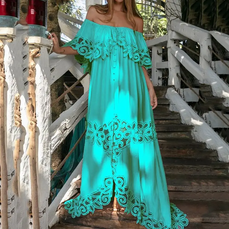 Женское богемное Кружевное платье макси на одно плечо, повседневное асимметричное платье, женское элегантное шикарное праздничное длинное платье - Цвет: Зеленый