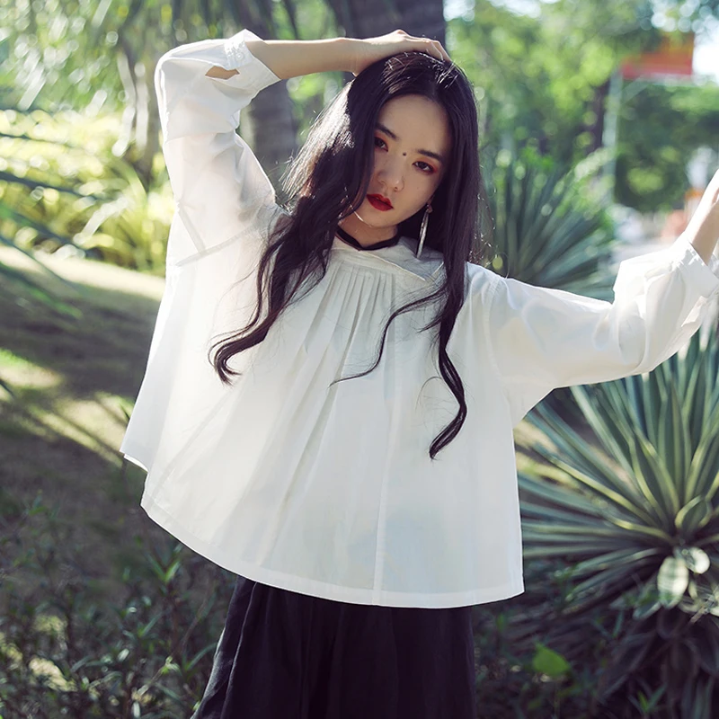 [DEAT] Женская блузка, новинка, с отворотом, длинный рукав-фонарик, плиссированная, свободная, модная, весна-осень, 13D787