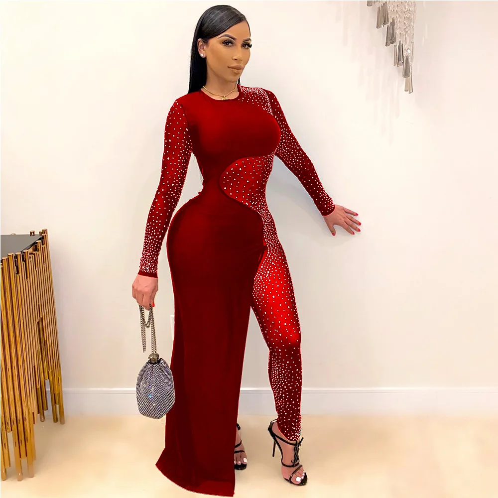 Bandage Long Sleeve Diamonds Mesh Female Clothing Streetwear Jumpsuits Sexy Outfit Night Club Party Suits Birthday For Women's maternity photography gown transparent super high elastic mesh ruffle sleeve side slit dress shoot photography dress for women