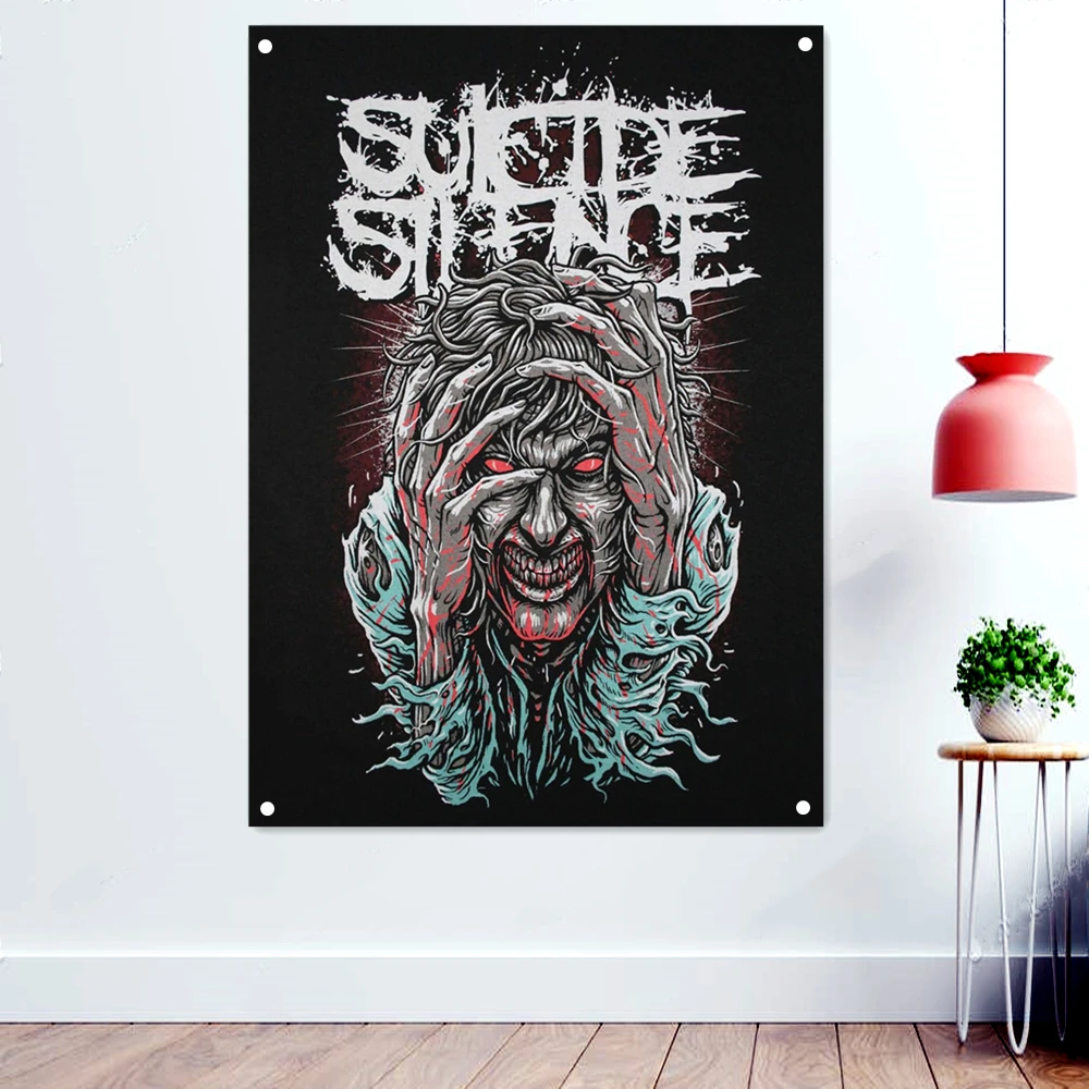 

Headache Scary Dark Art Flags Retro Wall Hanging Cloth Rock Band Death Metal Music Posters Skull Tattoo Banners Interior Decor