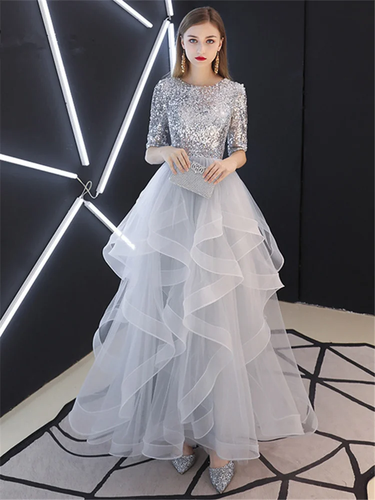 

Evening Dress 2019 Real Sequins Half Sleeve Tiered Hems Evening Gowns Gray Party Dresses robe de soiree