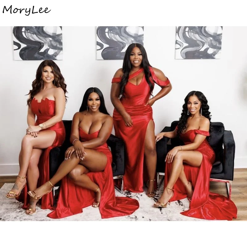 

Red Bridesmaid Dresses Sexy V-Neck Sleeveless Mermaid Silk Satin Side Slit Wedding Party Bridesmaid Gowns With Lace Up Back