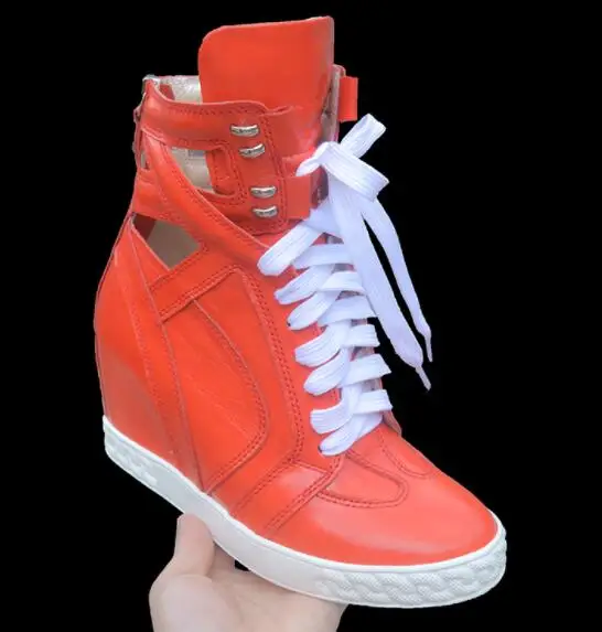 

Carpaton Round Toe Lace-up High Top Shoes Breathable Red Leather Women Sneaker Height Increasing Casual Shoes
