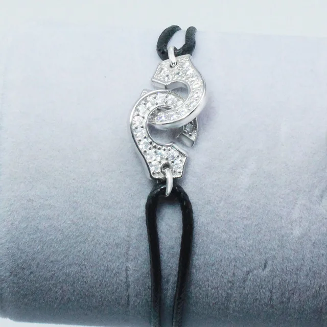 l'argent 925  Jewelry 925 Sterling Silver Handcuffs Bracelet For Men Women With Rope Zircon Silver Pendant Bracelet Menottes Black