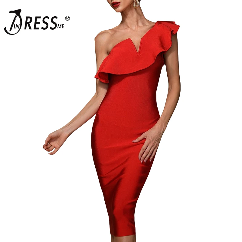 Женское асимметричное платье миди INDRESSME красное Бандажное с оборками на одно