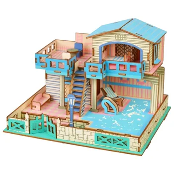 

Villa With Pool DIY 3D Wooden Puzzle Woodcraft Assembly Kit Cutting Wood Toys For Christmas Gift 3210
