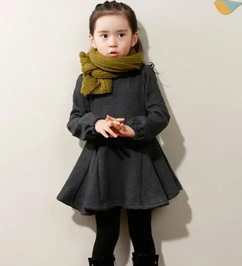 Dark grey Г. Зимнее платье для маленьких девочек теплые шерстяные милые однотонные платья принцессы с длинными рукавами Vestidos, детская одежда - Цвет: Dark grey