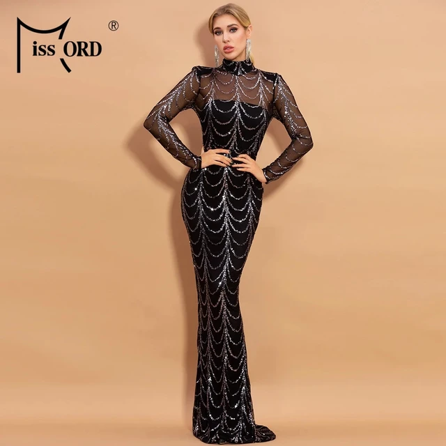 Missord Sequins See Though Women Maxi Long Evening Dresses 2021 Autumn Winter High Neck Wave Elegant Long Sleeve Party Dress 3
