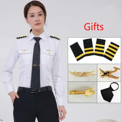 Long Sleeve 5 Gifts Новое поступление, Женская капитанская форма, комплект рубашек, приталенная рабочая одежда, модная брендовая женская одежда пилотов, белая рубашка, костюмы - Цвет: Long Sleeve 5 Gifts