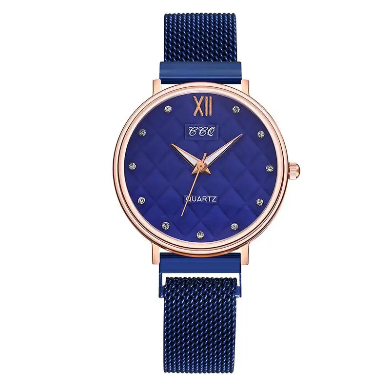 Женские часы лучший бренд класса люкс модные бриллиантовые женские наручные часы из нержавеющей стали Магнит сетчатый ремешок женские кварцевые часы - Цвет: Синий