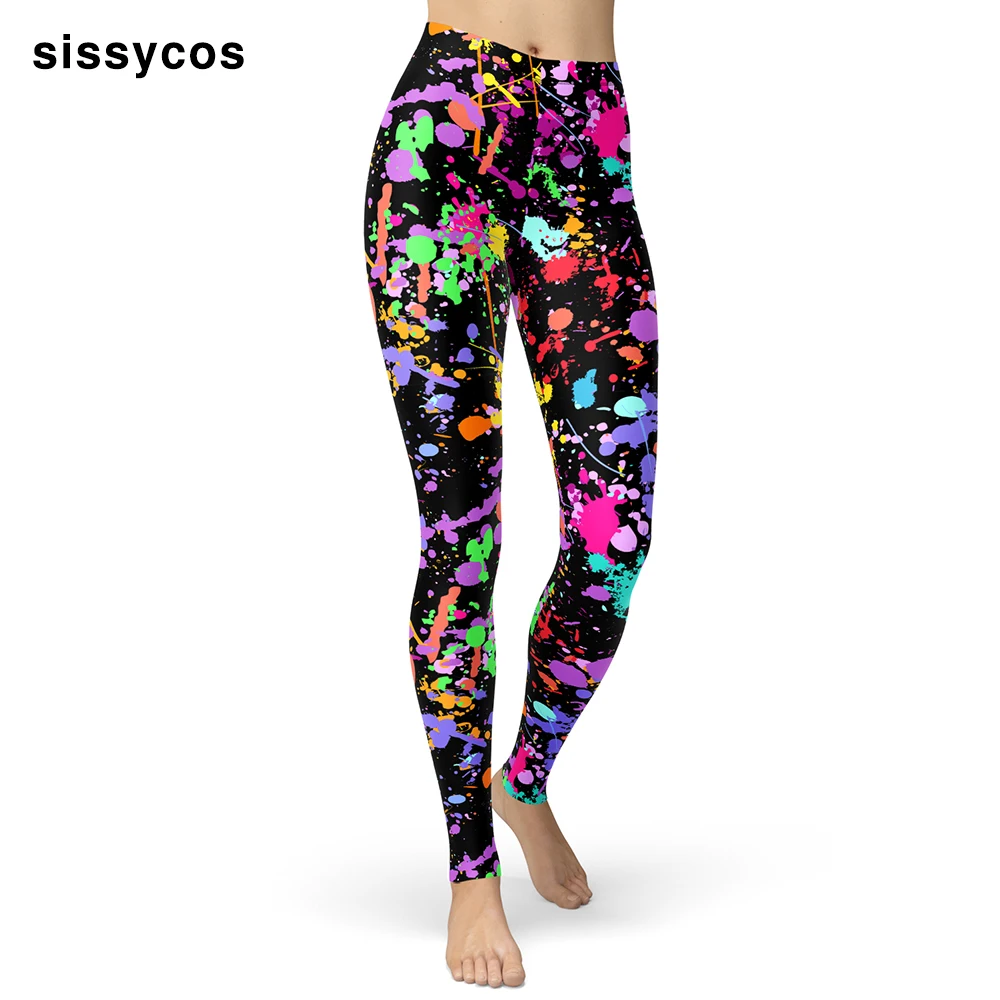 

Splash Tie Dye Neon Print Leggings for Women Girls Artistic 80s Pattern Workout Elastic Stretchy Plus Size Ankle Length Trousers