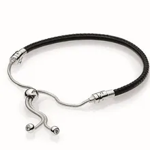 Аутентичные 925 пробы серебряные моменты черная кожа с регулируемым ПАН браслет Fit бисера Шарм Diy Европа ювелирные изделия