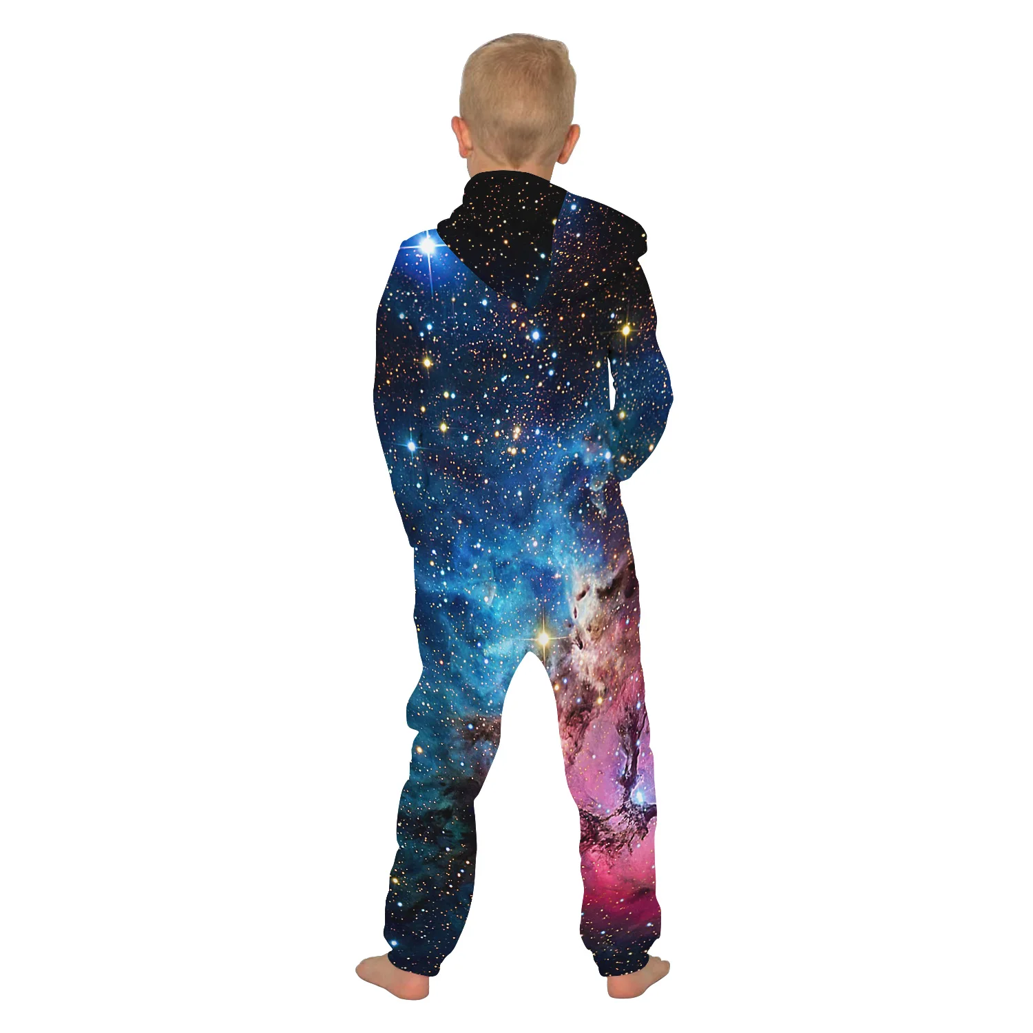 Детская домашняя одежда с принтом космоса, галактики, звезд, унисекс, свободная одежда для сна с капюшоном, на молнии, комбинезоны для девочек, плотные комбинезоны