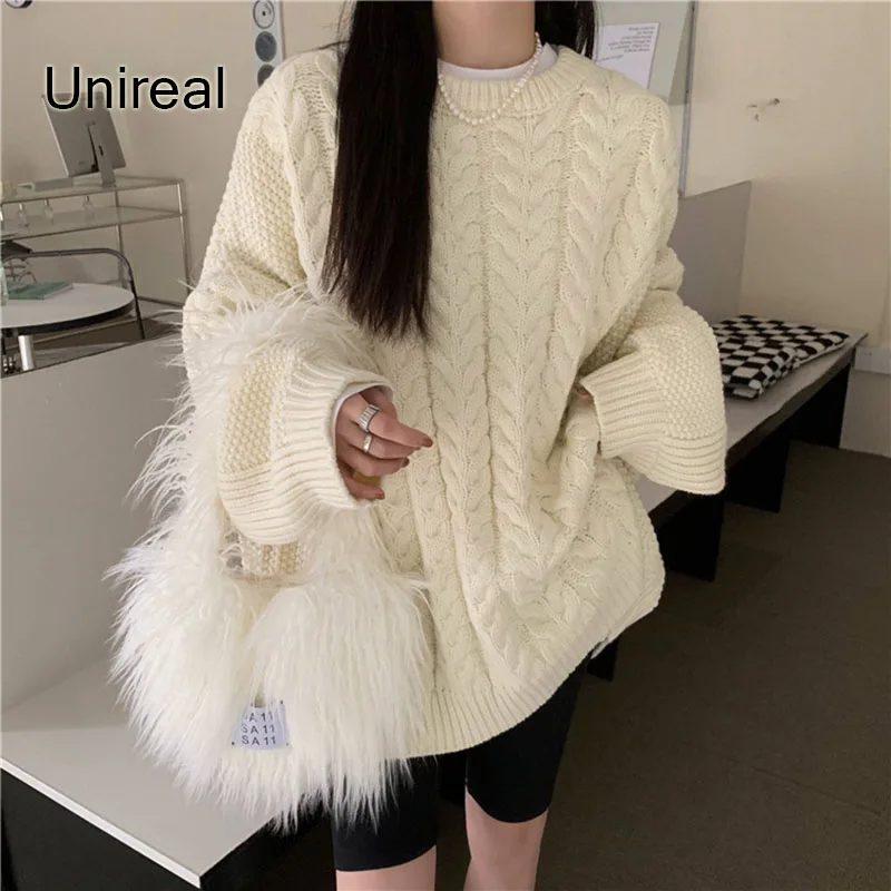 

Unireal 2022 Winter Women Long Sweater Vintage Loose Comfortable Warm Thick White Knitted Pullover Female Jumper