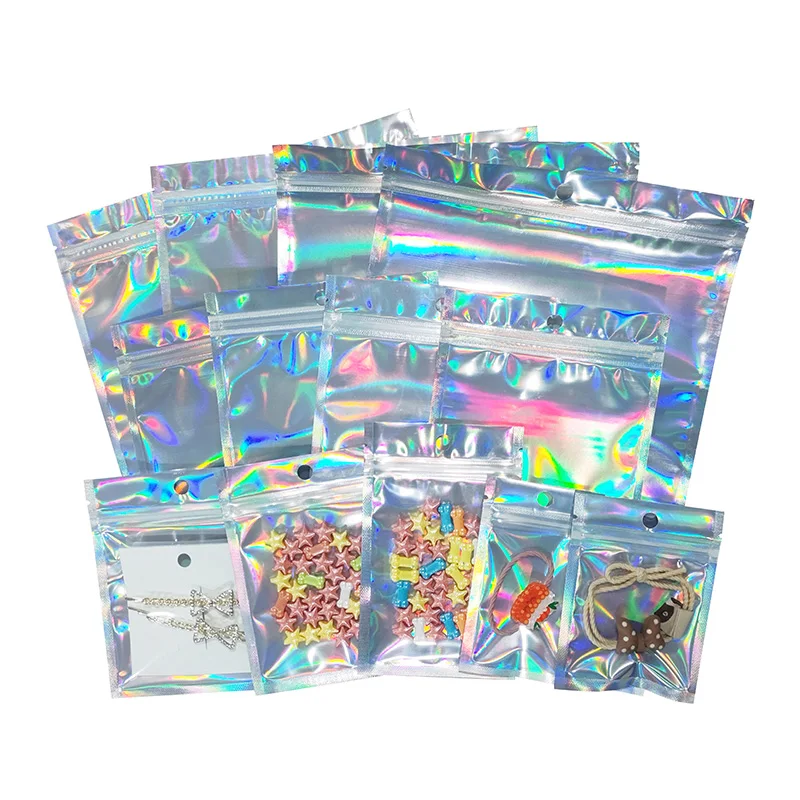 

Holographic Gift Logo Custom Printed Bags Aluminum Foil Zip Lock Clear Plastic Packaging Mylar Bag For Cosmetic Clothes