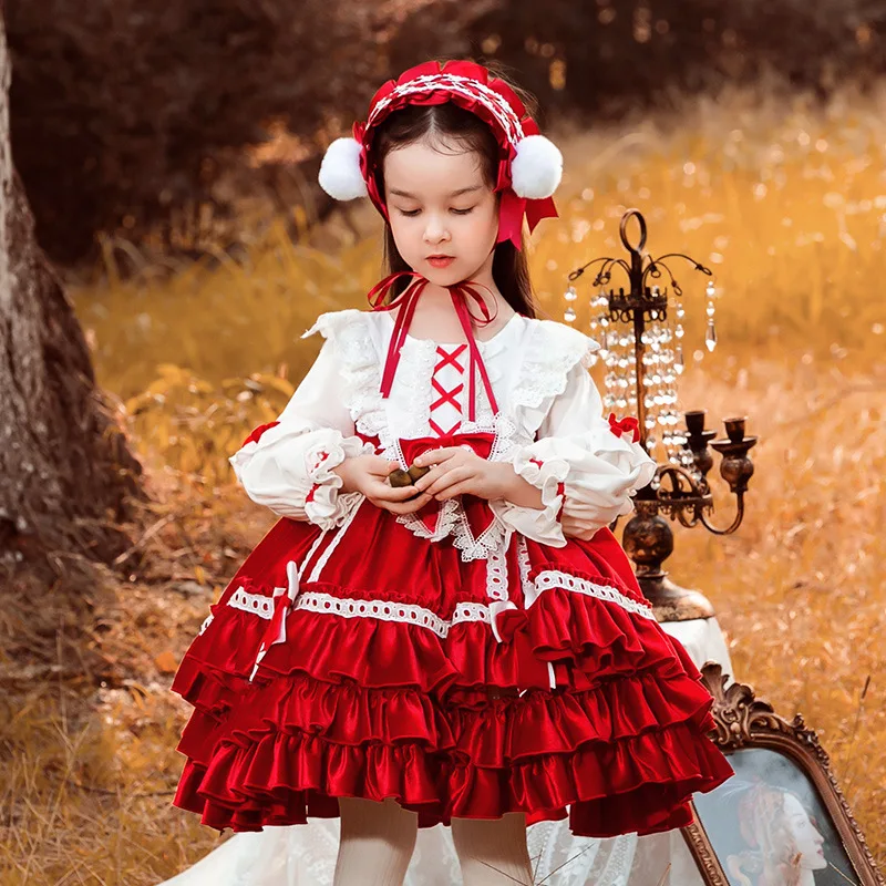New Girls Lolita Princess Dress Autumn Velvet Red Ruffle Dress Christmas Halloween Kid Dresses Clothes Sweet Cute Birthday