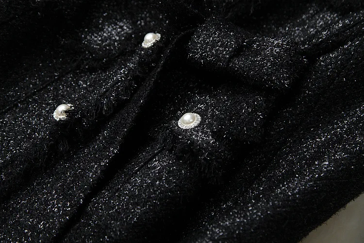 Женское осенне-зимнее шерстяное пальто с люрексом и бахромой, воротник-стойка, жемчуг, бисер, однобортное дизайнерское пальто, верхняя одежда черного цвета