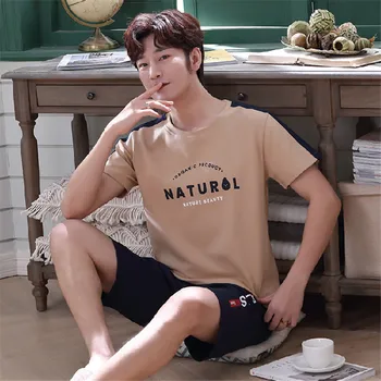 

2020 spring and autumn pajamas men's thin short-sleeved pants comfortable large size M-3XL men's cotton casual O-neck home