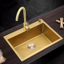 Золотая кухонная раковина, утолщенная, 304, нержавеющая сталь, нано-Антибактериальный, с одним резервуаром, золотая, для кухни, ручная мойка, золотой сливной кран