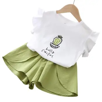 

DishyKooker 2Pcs/set Kid Girl Suit T-shirt + Culotte Pants Short Sleeve Printing Cactus Tops for 2~7 years old