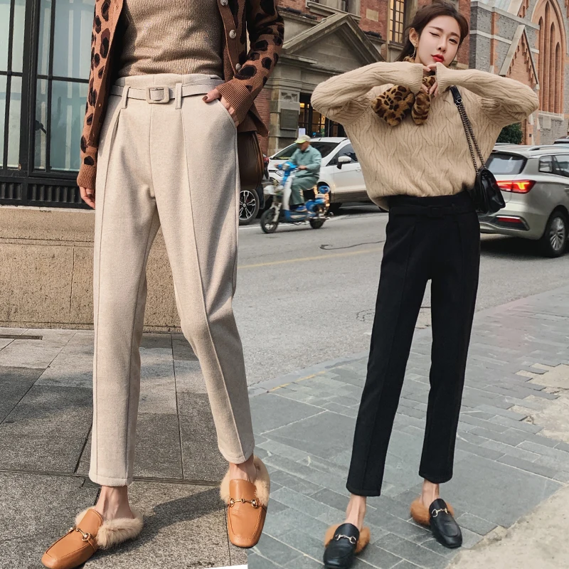 

2019 Winter High Waist Women's Harem Pants Female Autumn Winter Woolen Casual Solid Warm Female Long Trousers with Belt