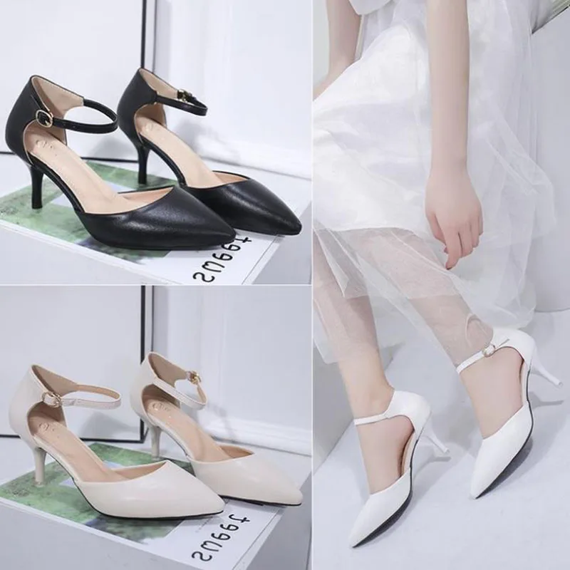 

Spring 2020 mature high-heeled shallow buckle rubber pointed thin heel Pu women's single shoe