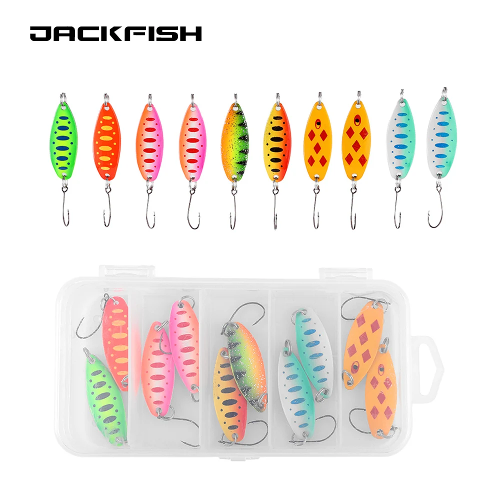 

JACKFISH 10Pcs Fishing Metal Spoon Lure Kit Set Hard Baits Sequins Spinner Lures with Box Treble Hooks Fishing Tackle Gear