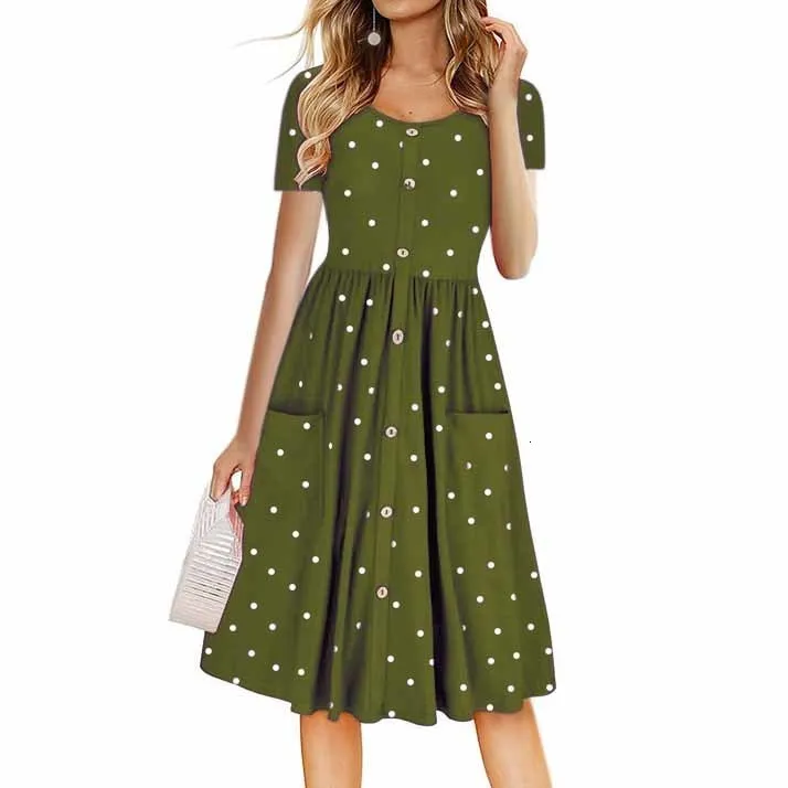 11 цветов, летнее пляжное платье, повседневное, женское, с коротким рукавом, в горошек, с карманами, с круглым вырезом, с карманами, ТРАПЕЦИЕВИДНОЕ ПЛАТЬЕ НА ПУГОВИЦАХ